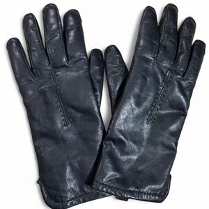 Vintage Grandoe black lamb skin leather gloves with rabbit fur lining size Med.